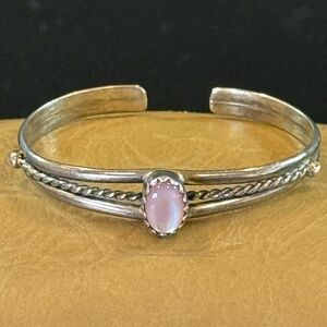 Vintage Navajo 925 Sterling Silver Signed BB Cuff Bracelet Pink Mother of Pearl